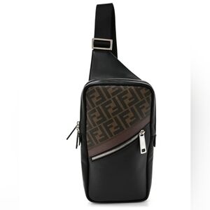 Glazed Fabric Vitello Liberty FF 1974 Diagonal Sling Bag Tobacco Moresco Black